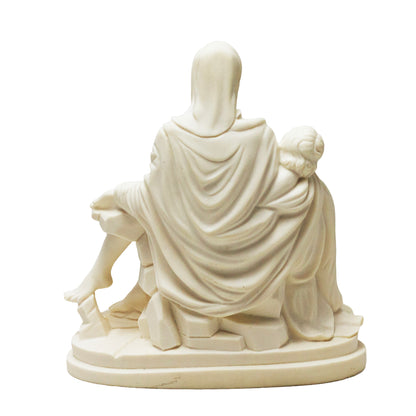 Ivory resin Pietà statue after Michelangelo. 7-inch religious sculpture with detailed drapery. Back