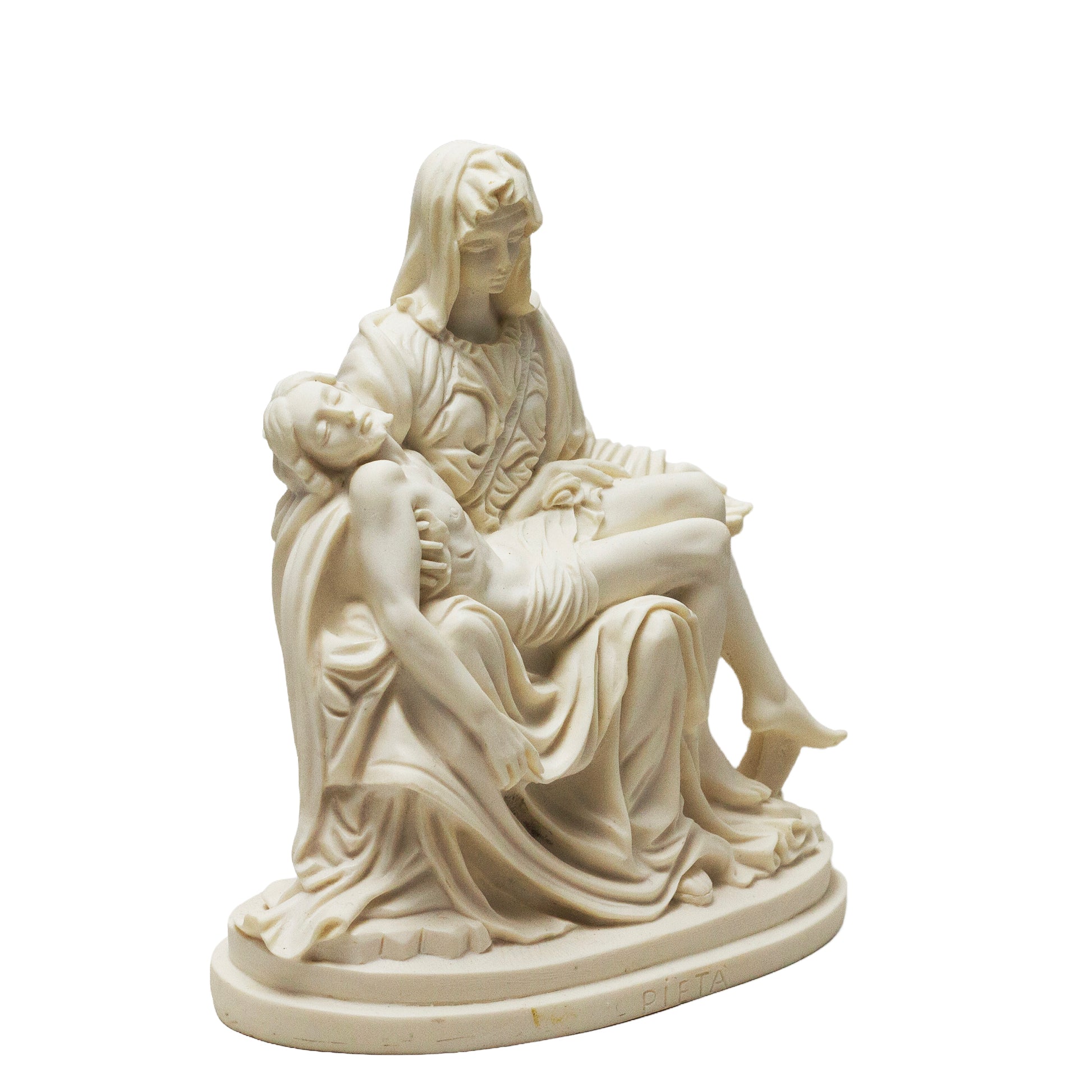 Ivory resin Pietà statue after Michelangelo. 7-inch religious sculpture with detailed drapery. Side View 1