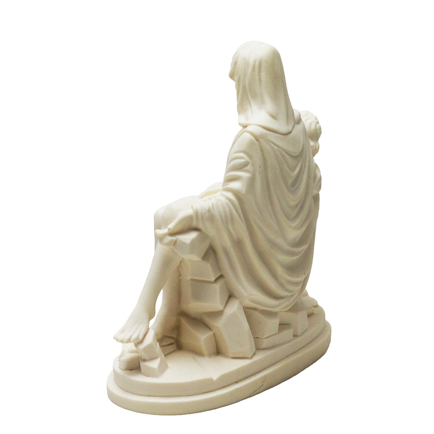 Ivory resin Pietà statue after Michelangelo. 7-inch religious sculpture with detailed drapery. Side View 2