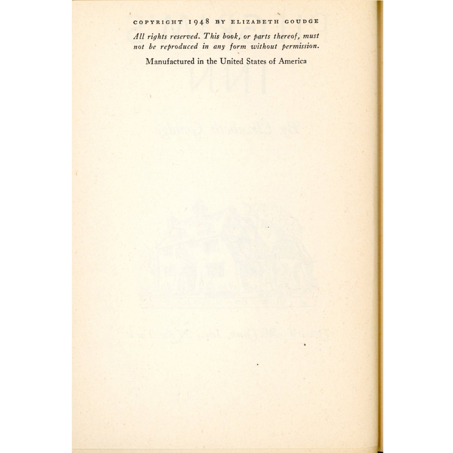 1948 first edition of Pilgrim’s Inn by Elizabeth Goudge. Decorative Coward-McCann hardcover in VG-EX condition without dust jacket. Copyright Page