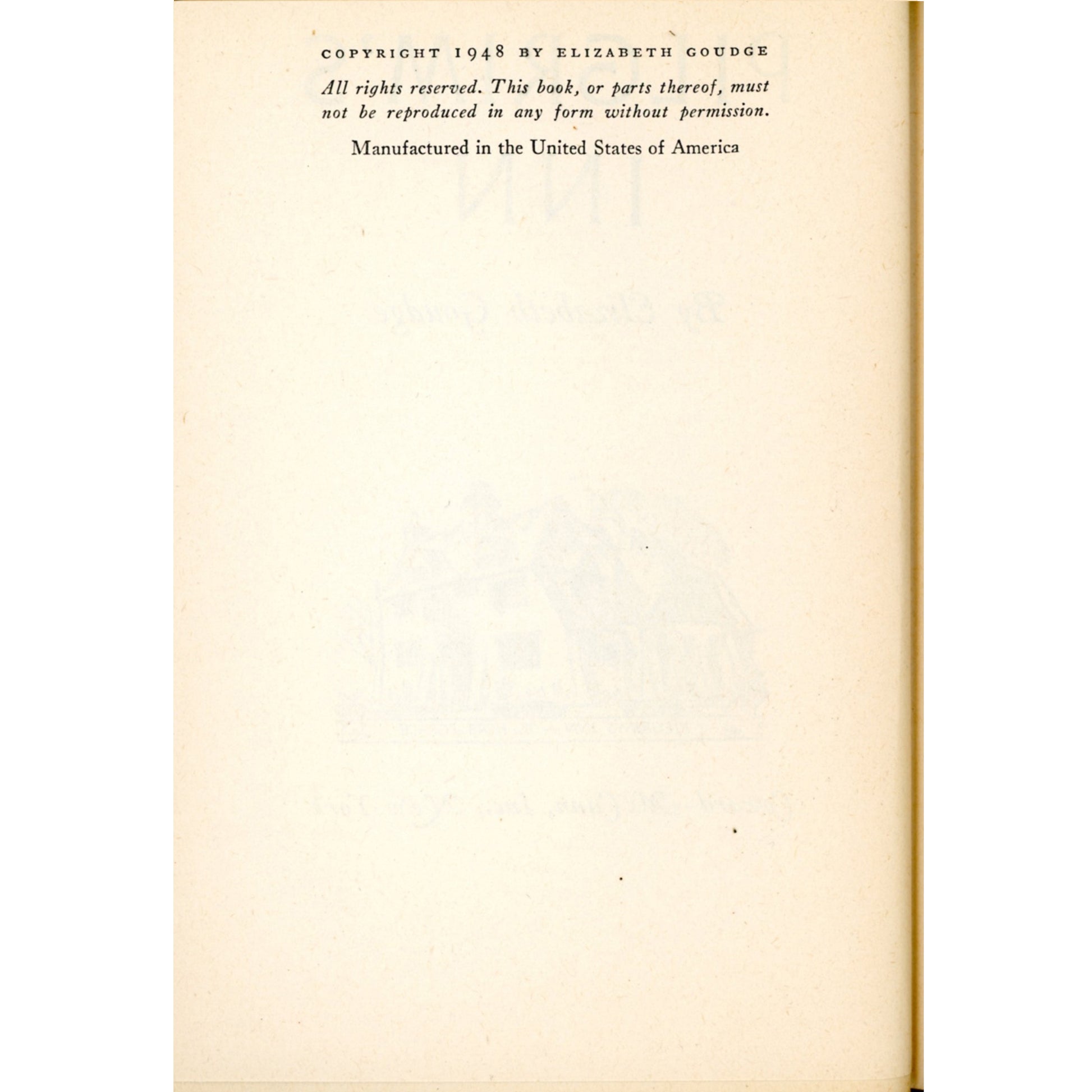 1948 first edition of Pilgrim’s Inn by Elizabeth Goudge. Decorative Coward-McCann hardcover in VG-EX condition without dust jacket. Copyright Page
