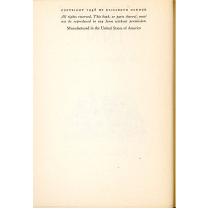 1948 first edition of Pilgrim’s Inn by Elizabeth Goudge. Decorative Coward-McCann hardcover in VG-EX condition without dust jacket. Copyright Page