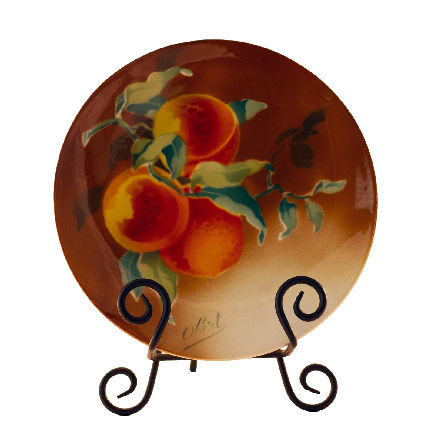 Antique French Faïence Peaches Plate by K & G Lunéville, Signed Obert, c.1900 (8½”) Deep apricot background Front