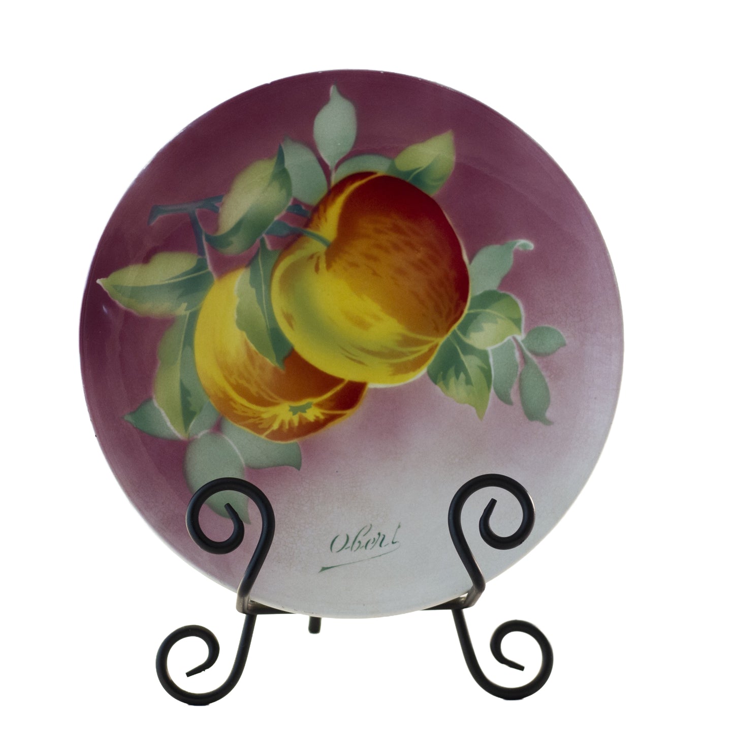 Antique French Faience Apple Plate by K & G Lunéville, Signed Obert, c. 1900 (8½″) Mauve Front