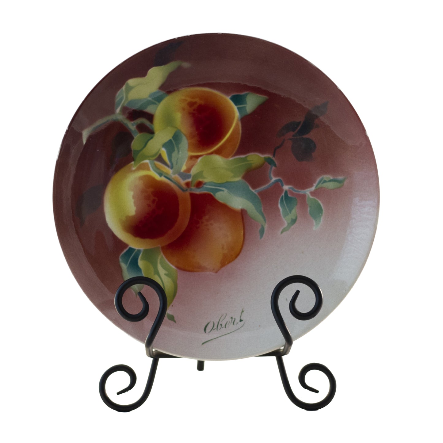 Antique French Faïence Peaches Plate by K & G Lunéville, Signed Obert, c.1900 (8½”) Mauve background Front