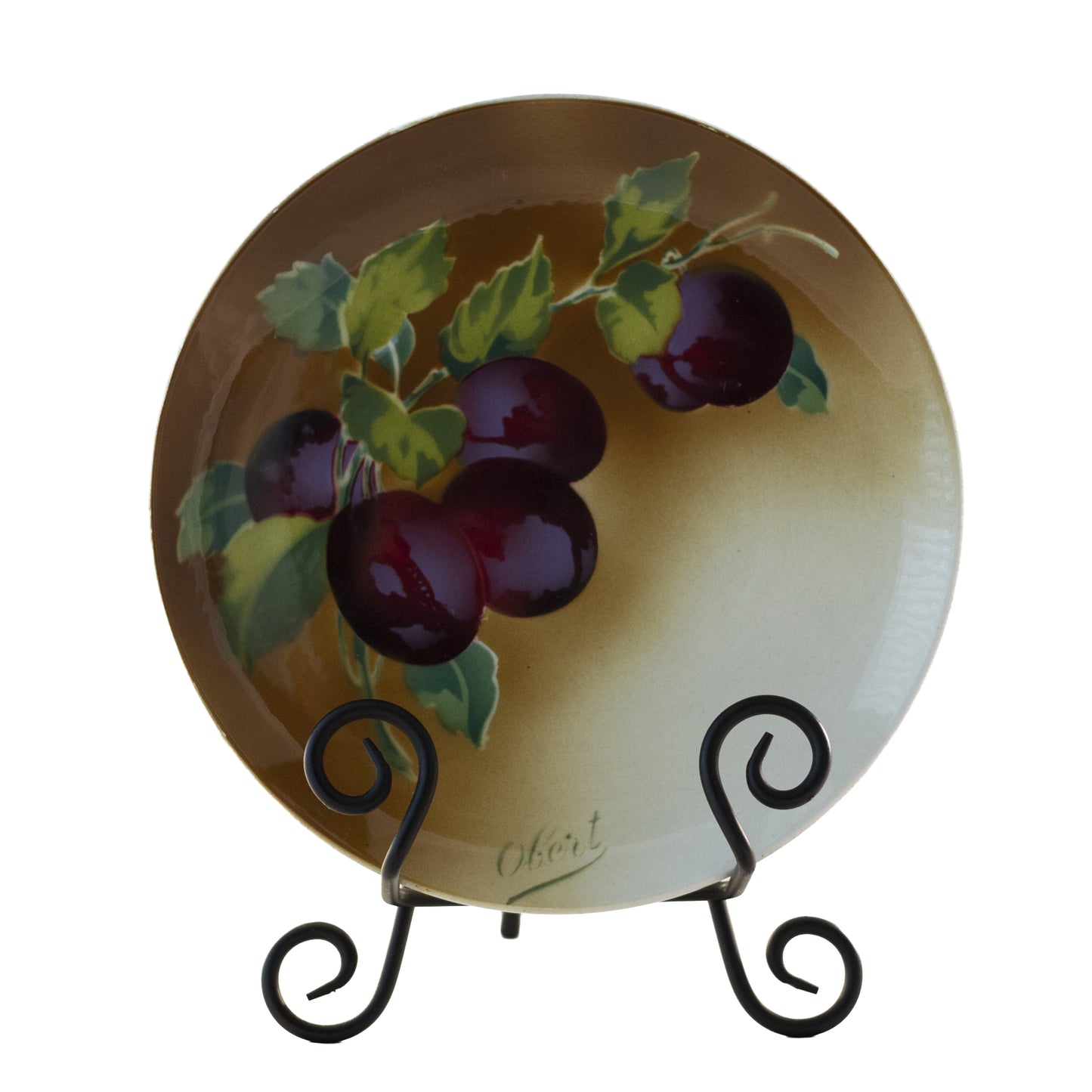 Antique French Faience Plum Plate by K & G Lunéville, Signed Obert, c.1900 (8½”) Darker Tan Front