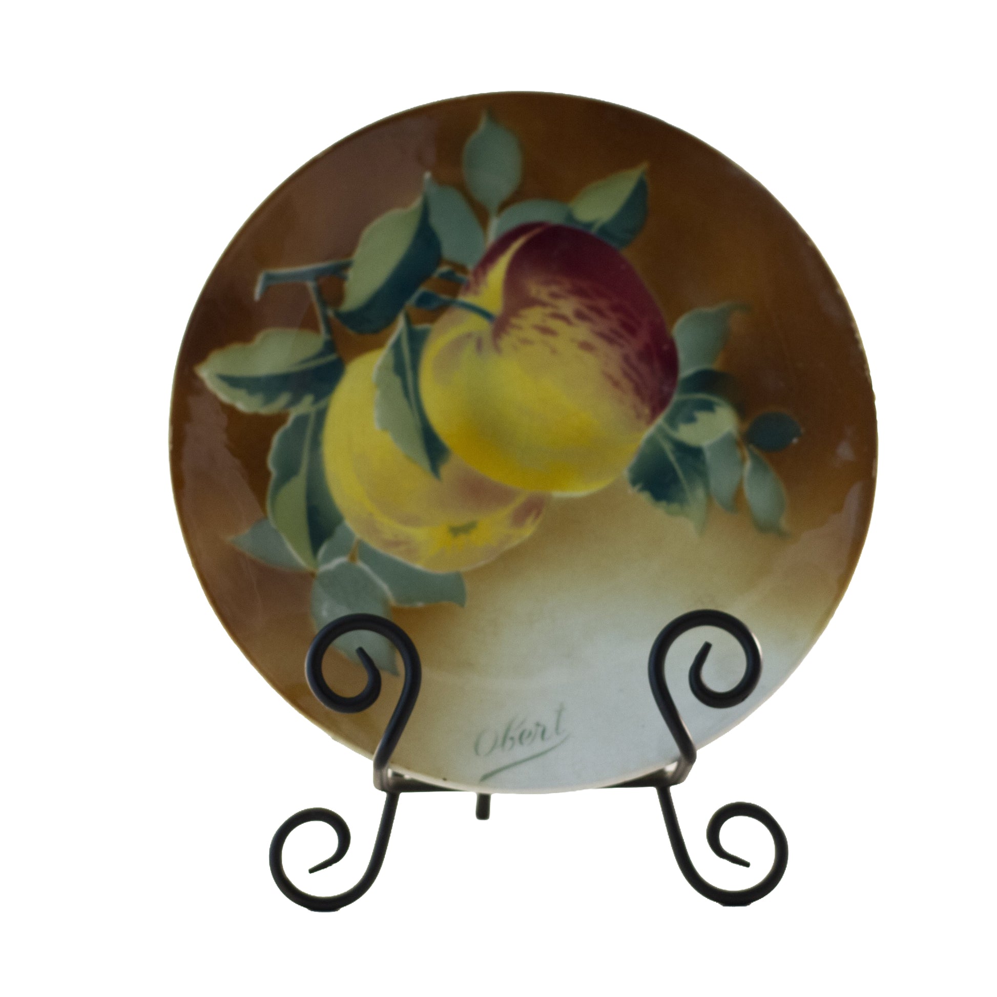 Antique French Faience Apple Plate by K & G Lunéville, Signed Obert, c. 1900 (8½″) Apricot Brown Front