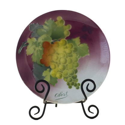 Assiette ancienne en faïence française K & G Lunéville décor raisins, signée Obert, vers 1900 (21,5 cm)