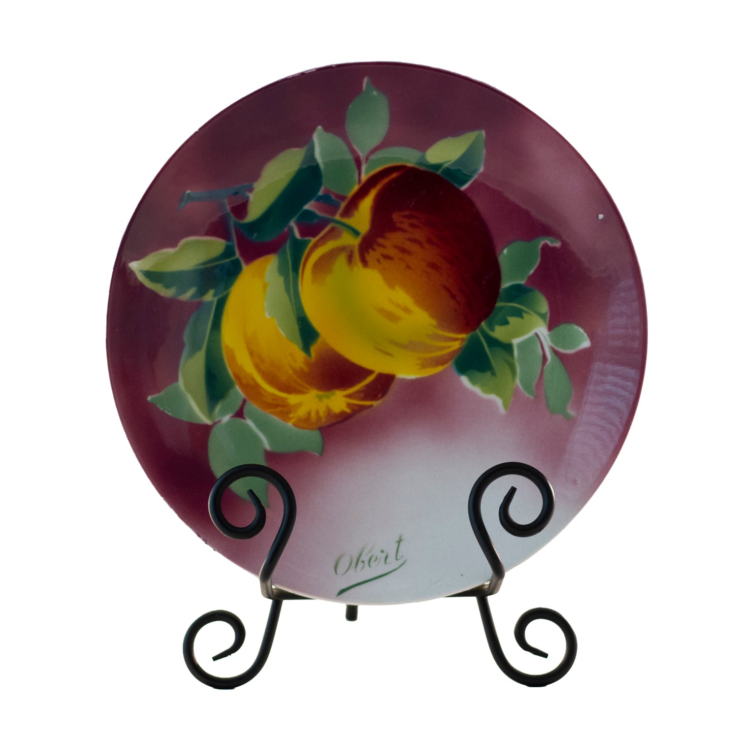 Antique French Faience Apple Plate by K & G Lunéville, Signed Obert, c. 1900 (8½″) Plum background Front