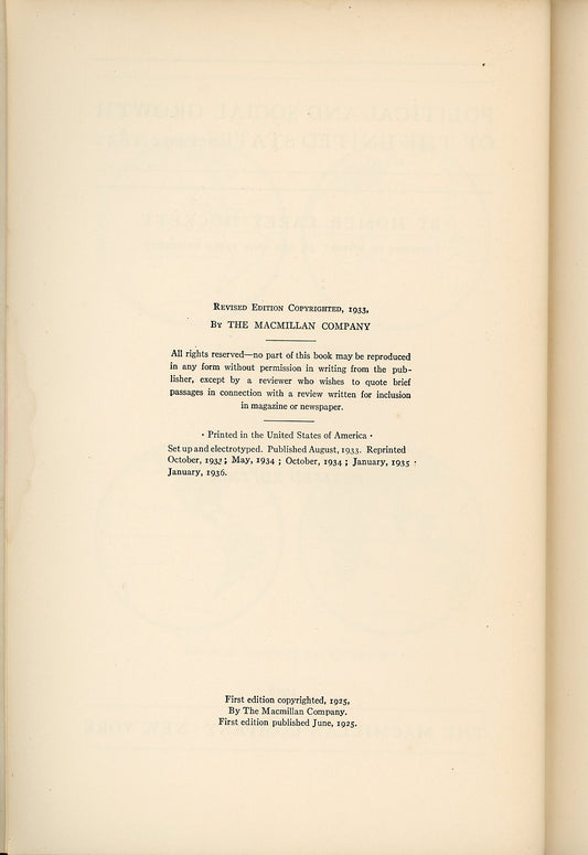POLITICAL AND SOCIAL GROWTH of the United States 1492-1852 ©1936 COPYRIGHT PAGE