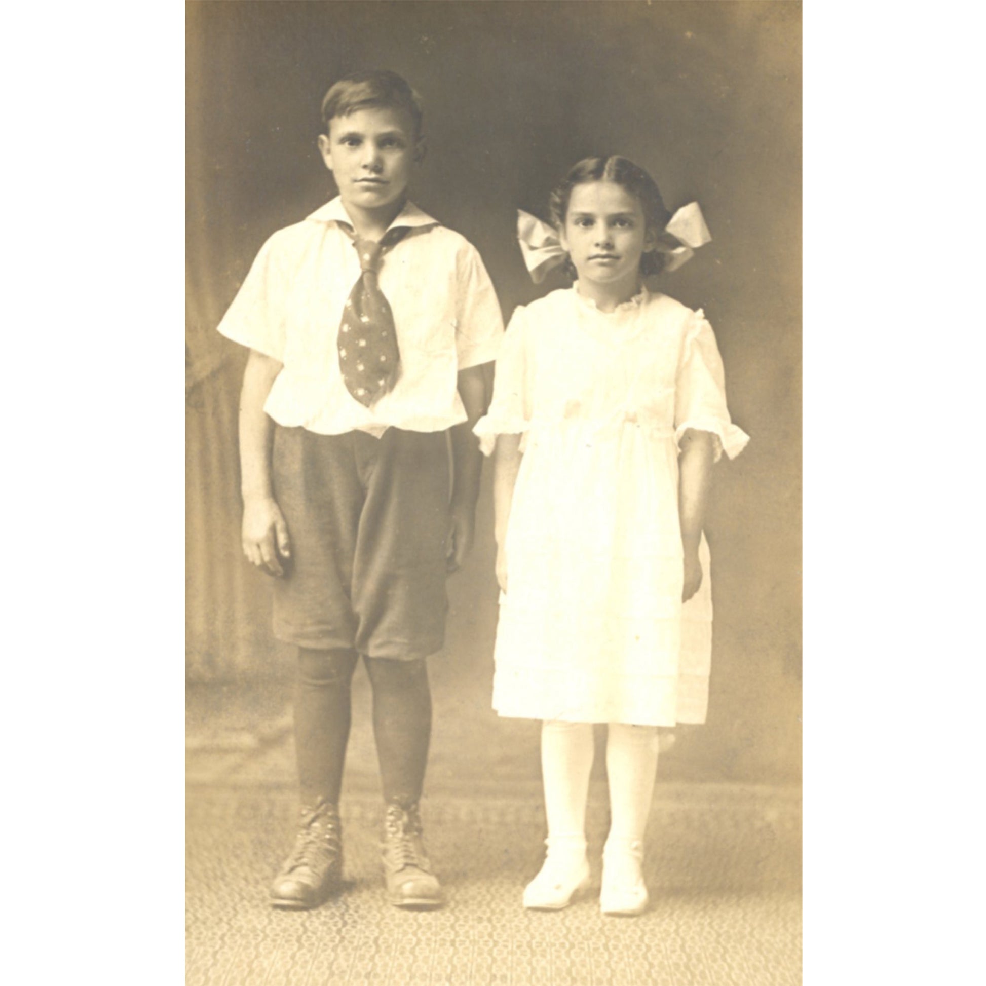 Antique 1920 real photo postcard of identified siblings Lawrence & Hazel McConnell, Indiana. AZO RPPC with handwritten family message.