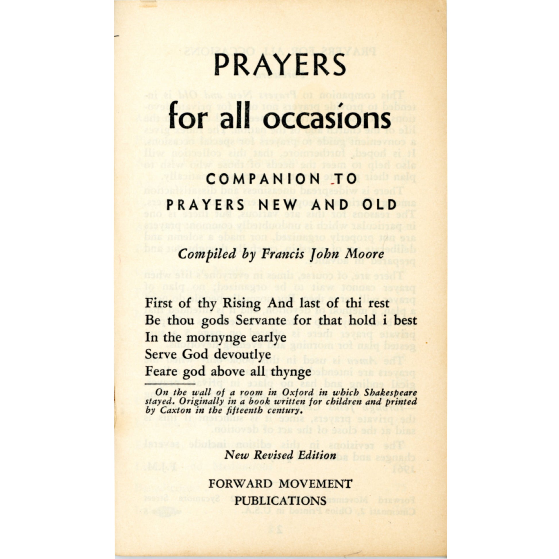 1961 pocket prayer book by Francis John Moore with devotions, family prayers, election prayers, war prayers, and meditations. Title Page