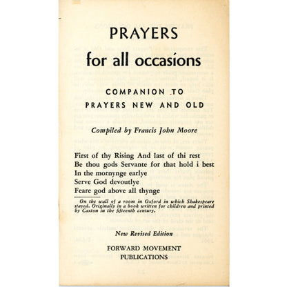 1961 pocket prayer book by Francis John Moore with devotions, family prayers, election prayers, war prayers, and meditations. Title Page