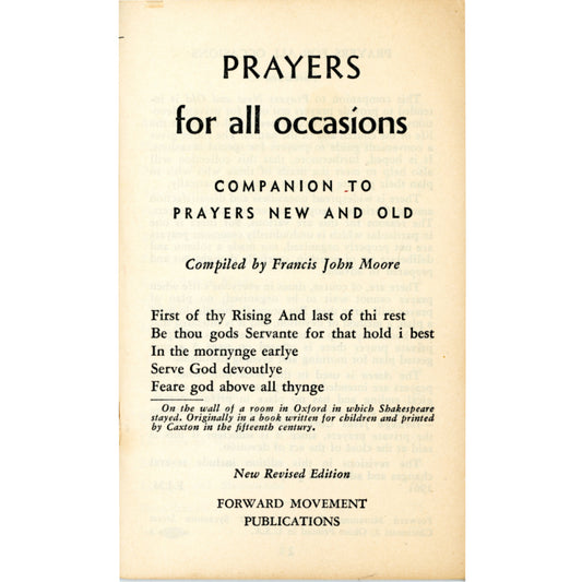 1961 pocket prayer book by Francis John Moore with devotions, family prayers, election prayers, war prayers, and meditations. Title Page