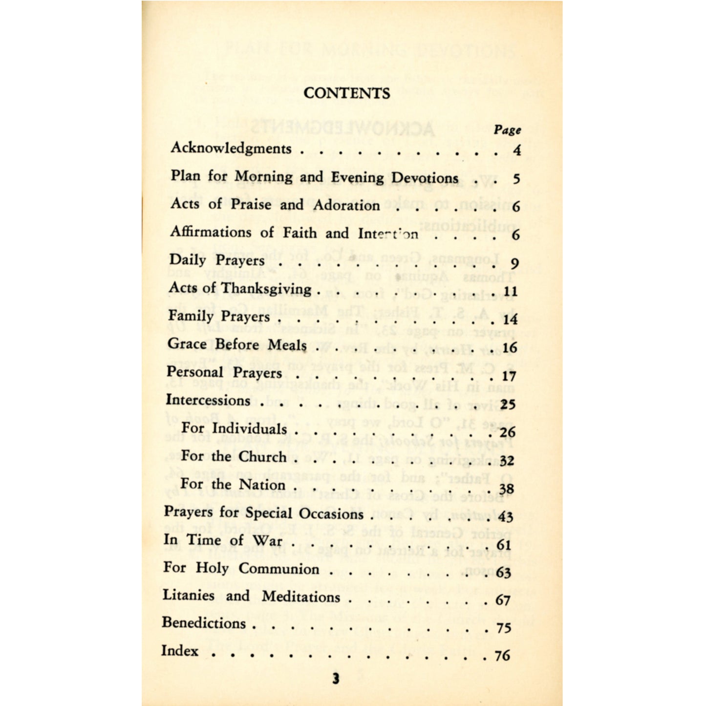 1961 pocket prayer book by Francis John Moore with devotions, family prayers, election prayers, war prayers, and meditations. Contents Page