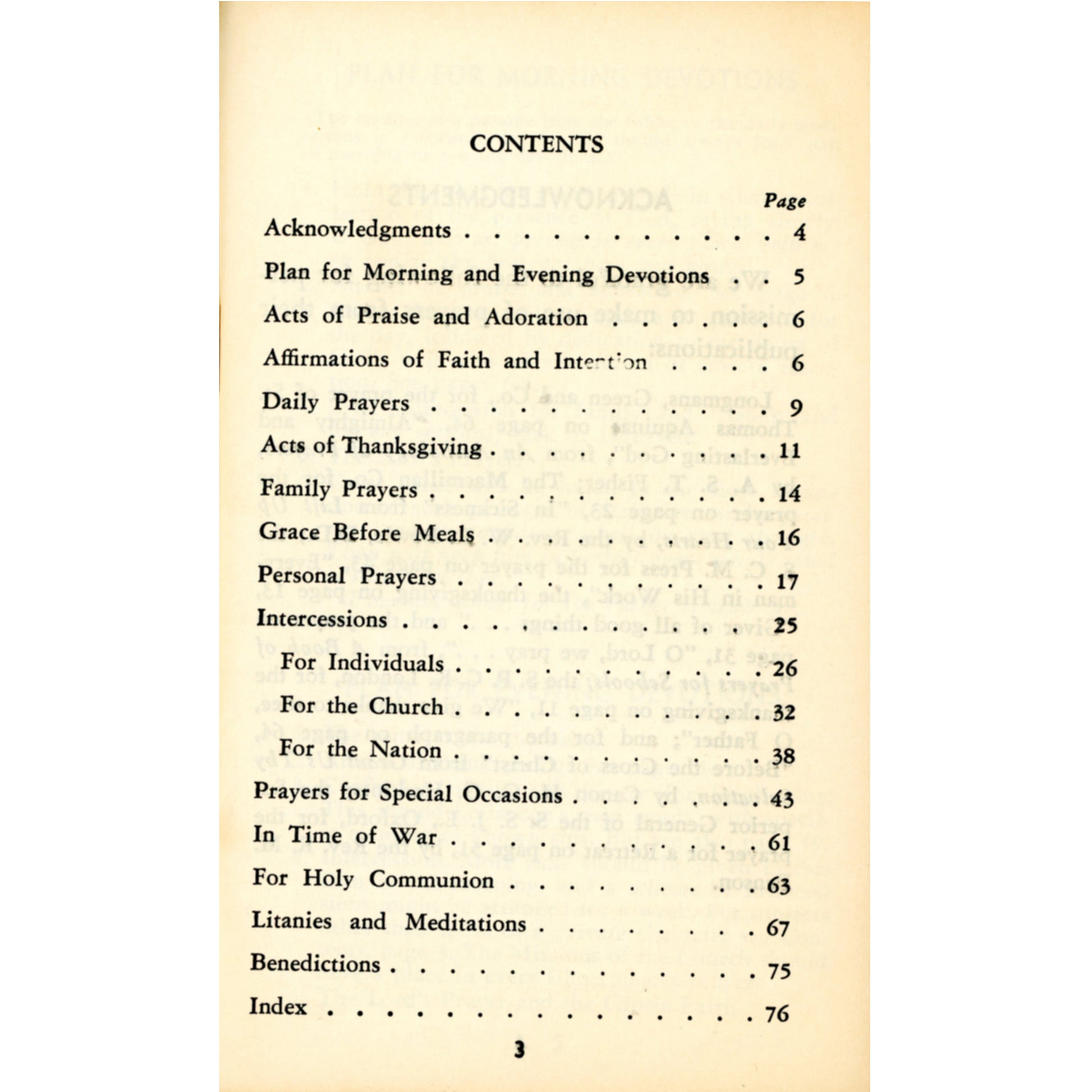 1961 pocket prayer book by Francis John Moore with devotions, family prayers, election prayers, war prayers, and meditations. Contents Page