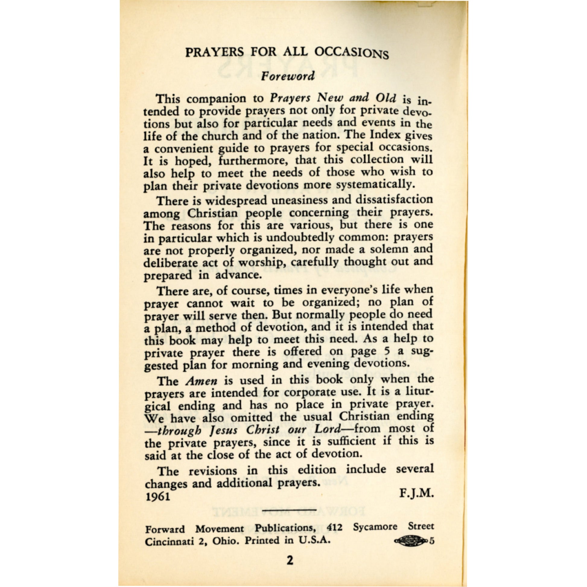1961 pocket prayer book by Francis John Moore with devotions, family prayers, election prayers, war prayers, and meditations. Forward Page.