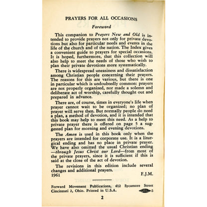 1961 pocket prayer book by Francis John Moore with devotions, family prayers, election prayers, war prayers, and meditations. Forward Page.