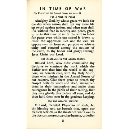 1961 pocket prayer book by Francis John Moore with devotions, family prayers, election prayers, war prayers, and meditations. In Time of War prayer.