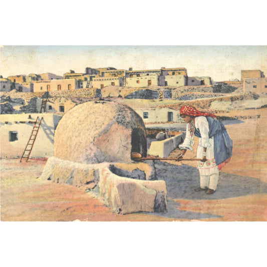 Vintage 1937 Curt Teich C.T. Art-Colortone postcard depicting a Pueblo Indian woman baking bread in Arizona. 