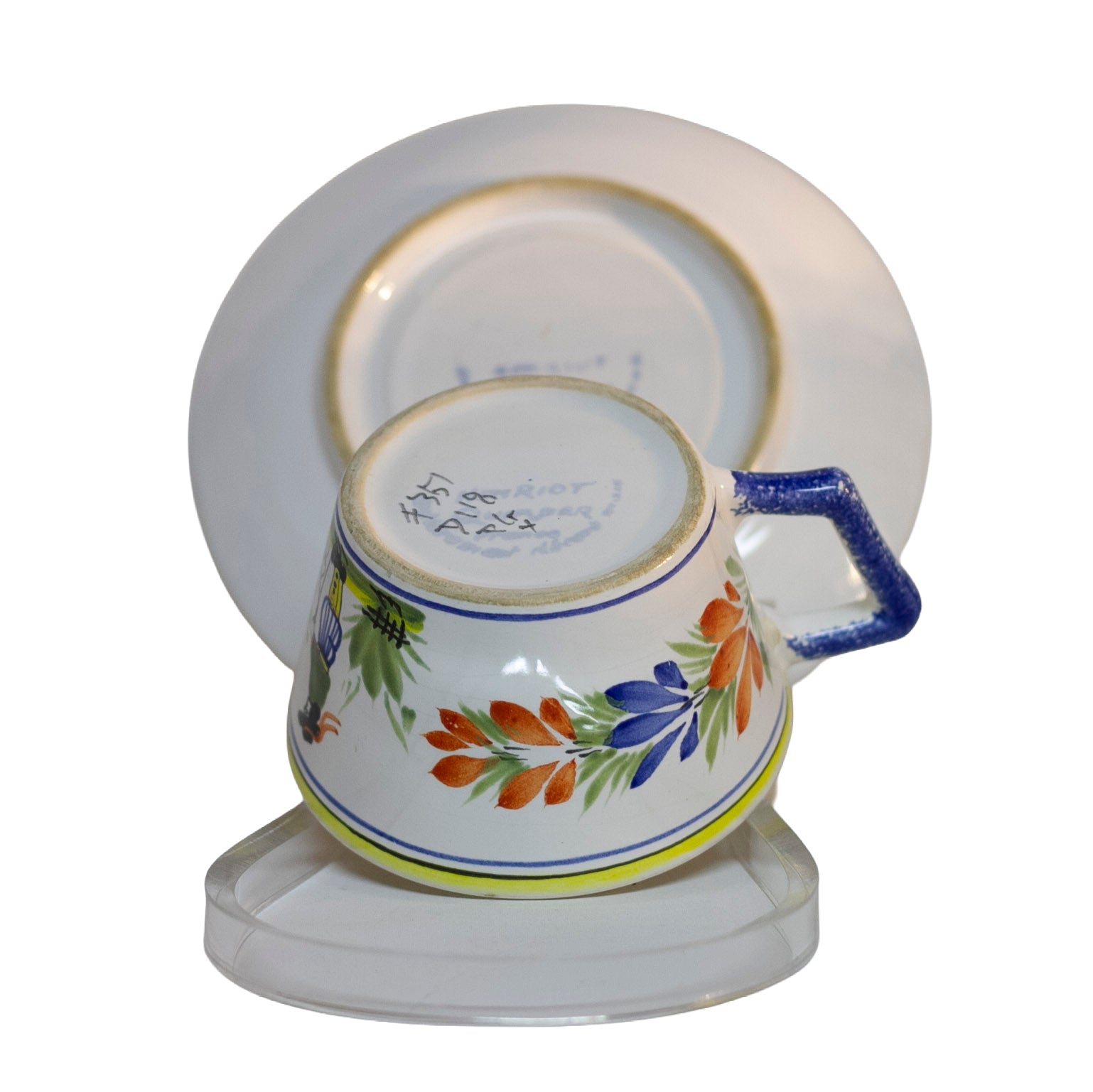 Henriot Quimper Faïence Flat Cup & Saucer, Hand-Painted Breton Figure, France c. 1968–1983 Marks