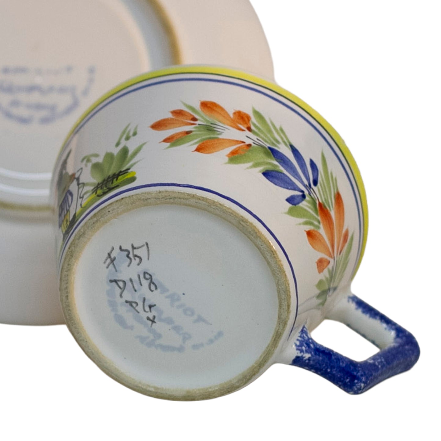 Henriot Quimper Faïence Flat Cup & Saucer, Hand-Painted Breton Figure, France c. 1968–1983 Marks (2)