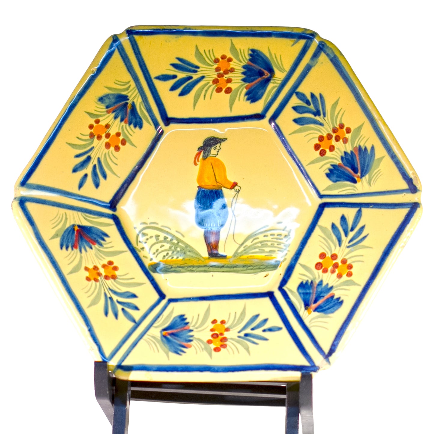 Henriot Quimper Octagonal Dessert Plate – Soleil Yellow Faïence, France, c. 1922–1942