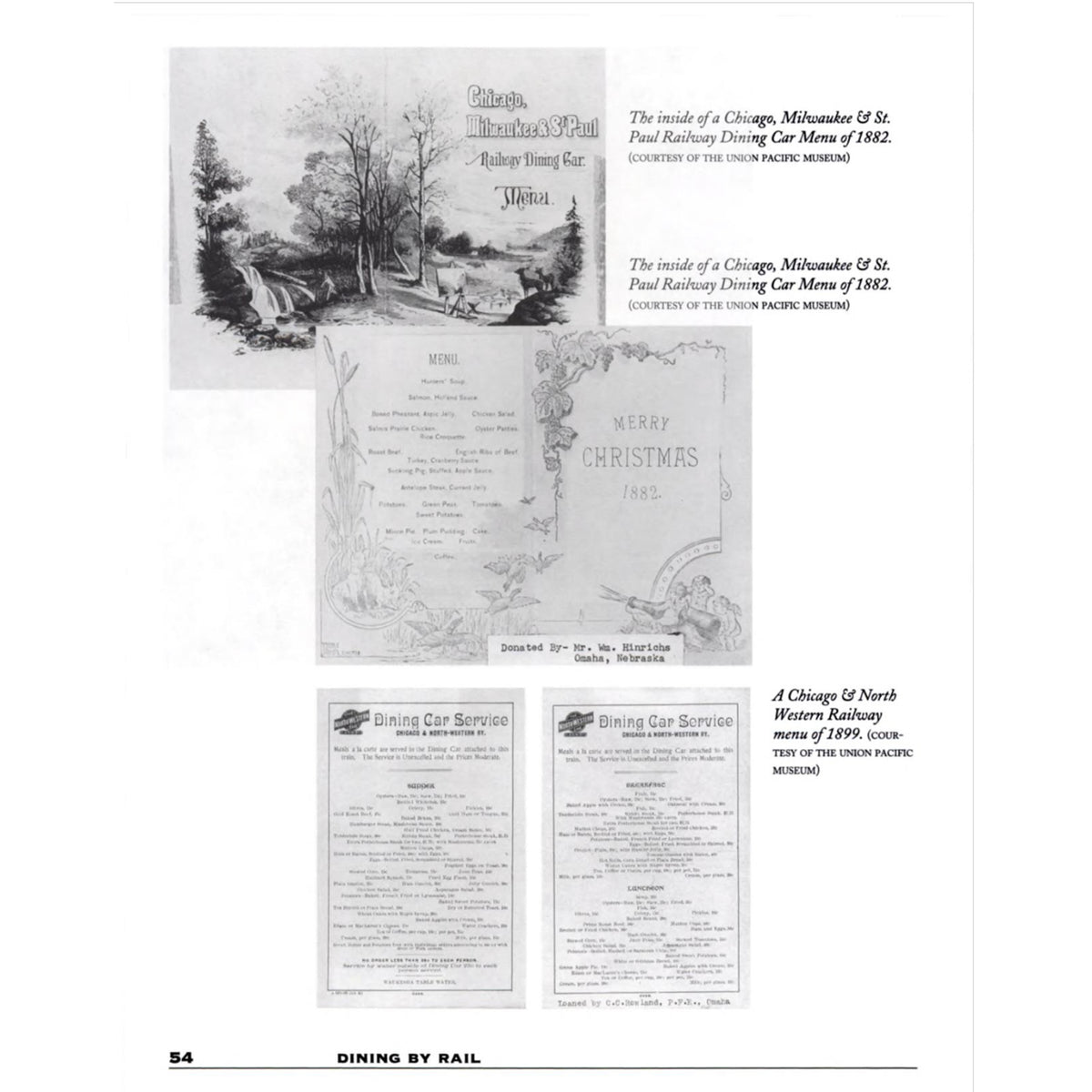 A printed page from the book, Dining by Rail showing several vintage railroad dining menus and cards, including one with a winter landscape illustration and text references to Chicago and Milwaukee & St. Paul Railway dining car menus from 1882 and 1899.
