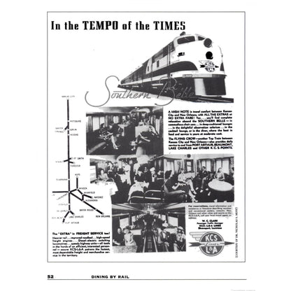 A page from the Dining by Rail book of a vintage magazine advertisement for Southern Belle passenger trains, featuring a large train illustration, a route diagram, passenger photos, and text about dining and service.