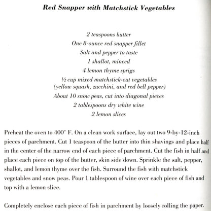 Dinners for Two (1991) by Sharon O’Connor features menus and recipes from 20 romantic inns. Softcover in excellent condition. Red Snapper recipe