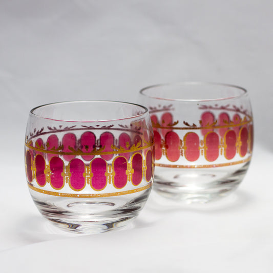 Vintage Cranberry Scroll Roly Poly Cocktail Glasses Set of Two (Marked Culver)