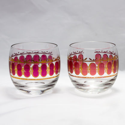 Vintage Cranberry Scroll Roly Poly Cocktail Glasses Set of Two (Marked Culver) Side by Side