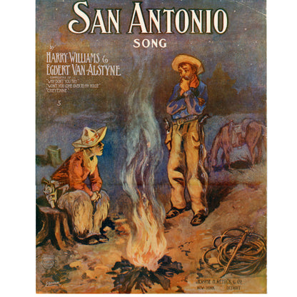 Pochette d’album « Cowboy Campfire » — Partition « San Antonio Song » de 1907 — Illustration des frères Starmer