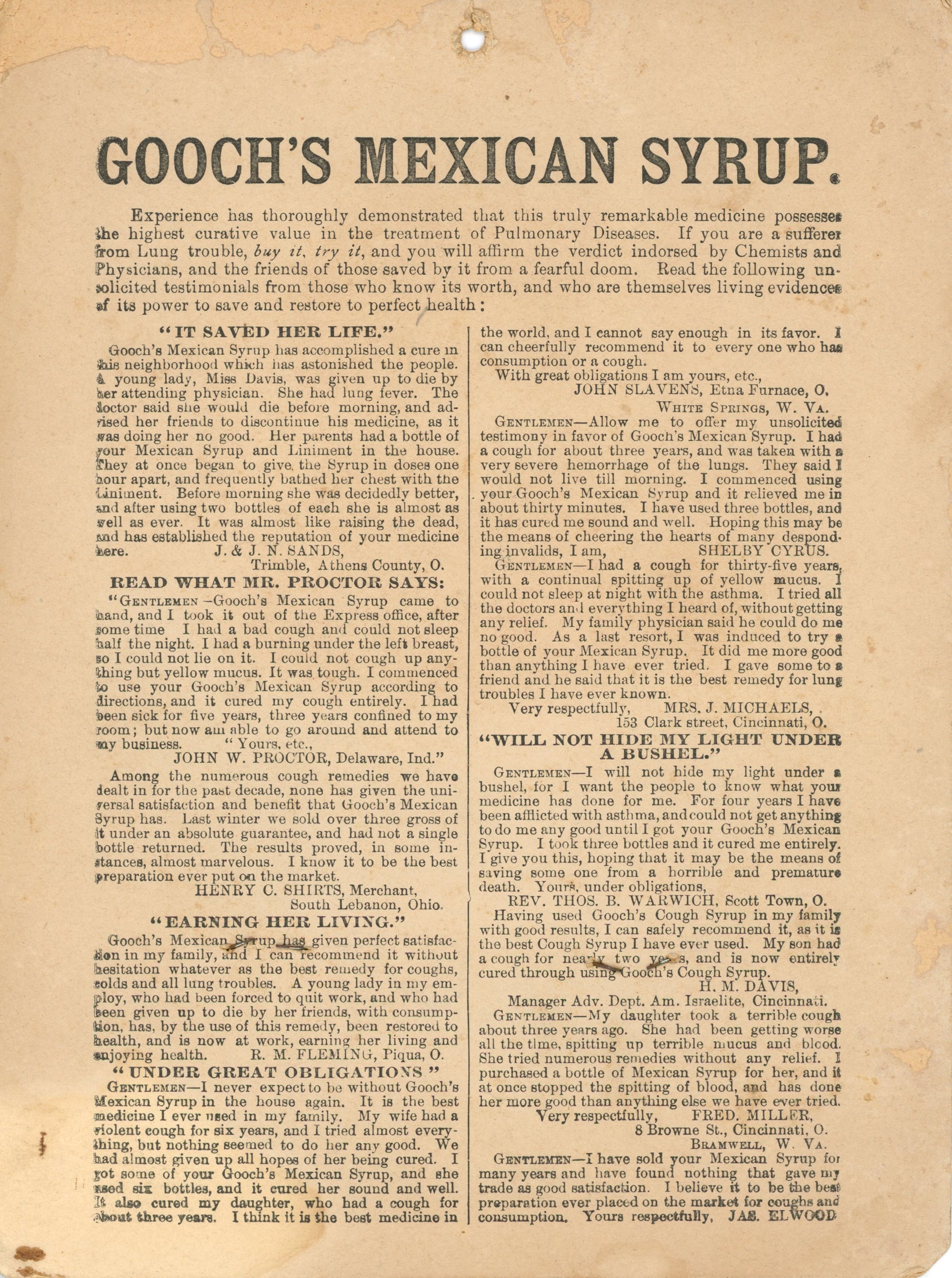 Gooch's Mexican Syrup ANTIQUE ADVERTISING CALENDAR Circa 1901