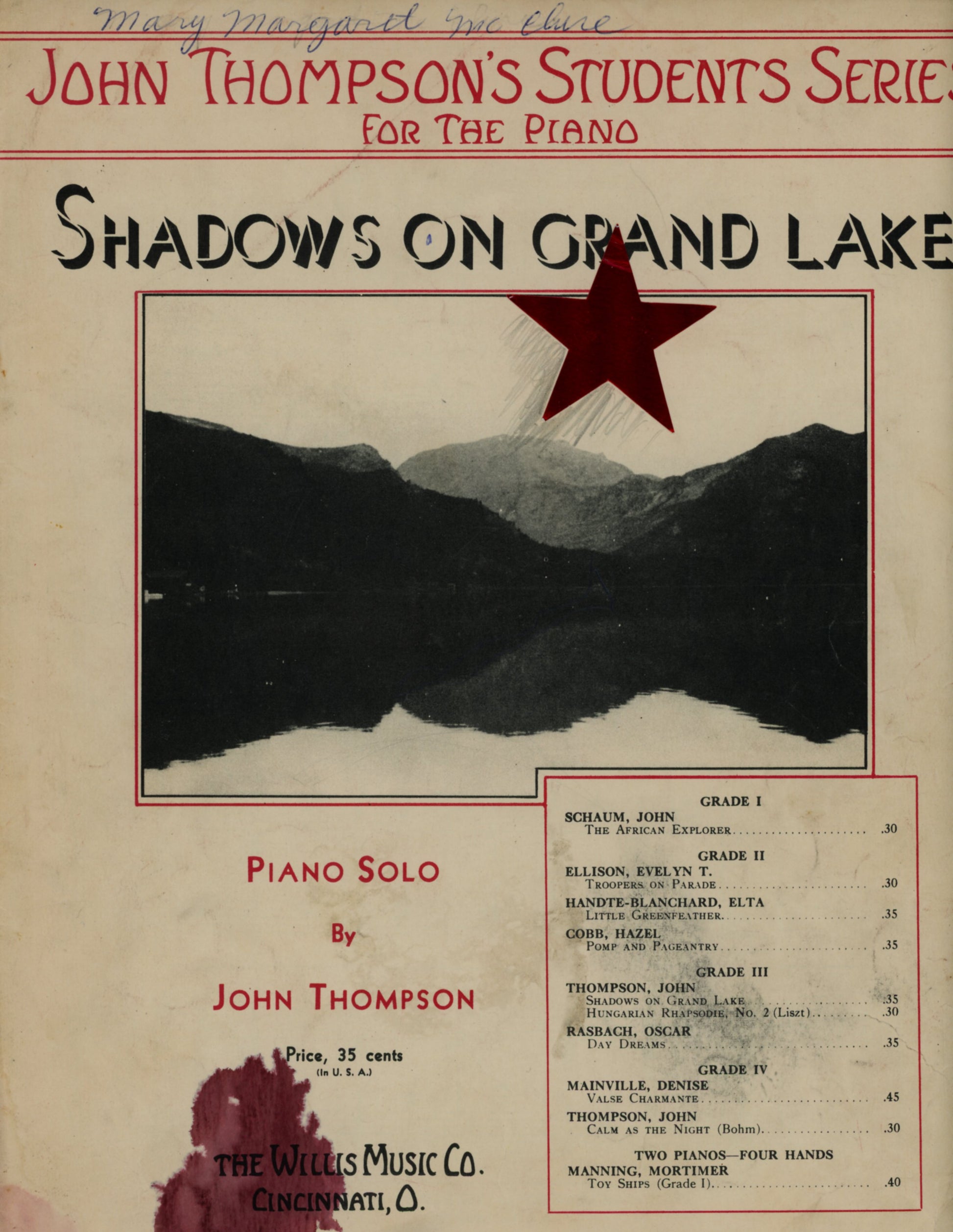 SHADOWS ON GRAND LAKE Vintage Sheet Music by John Thompson ©1939