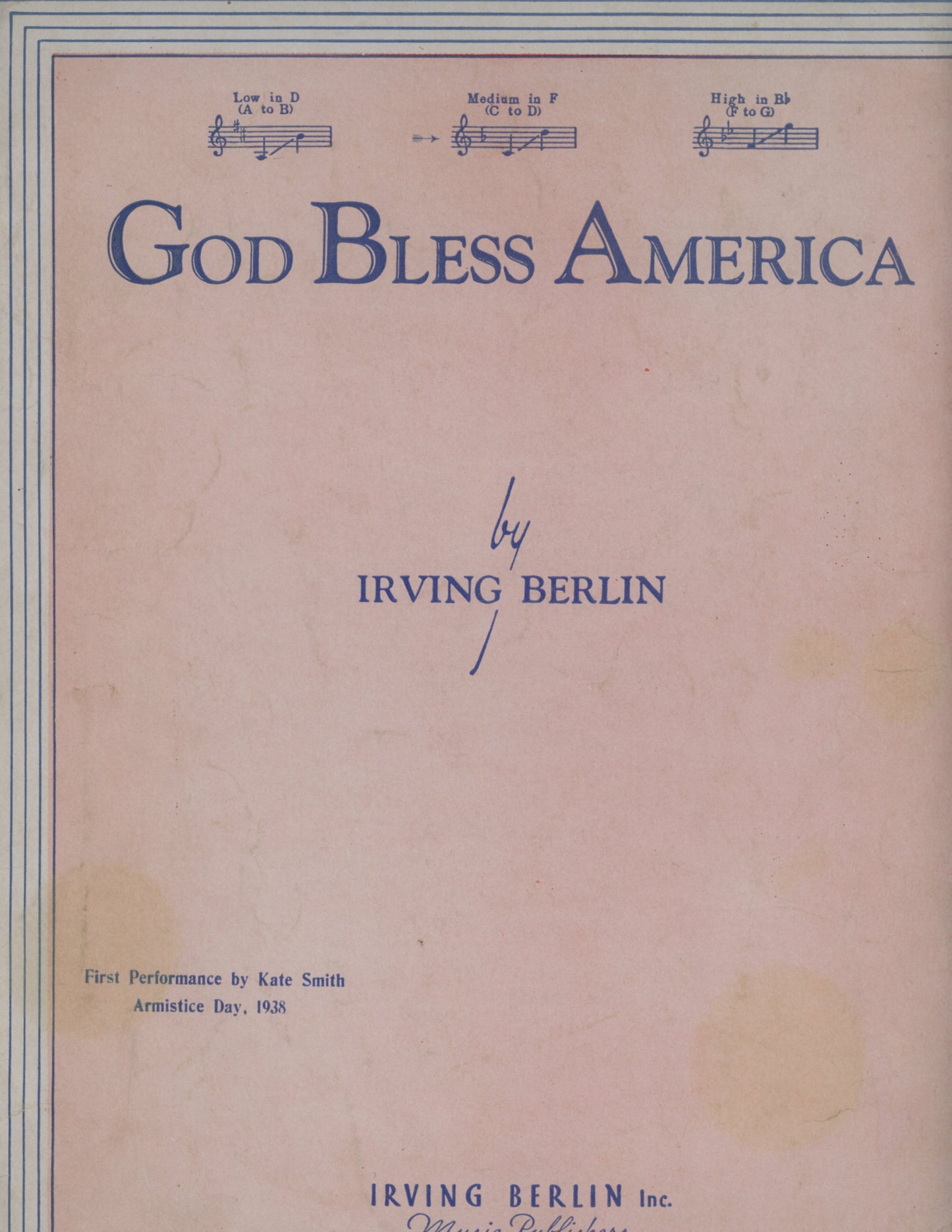 Irving Berlin Score & Lyrics GOD BLESS AMERICA Vintage Sheet Music ©1939