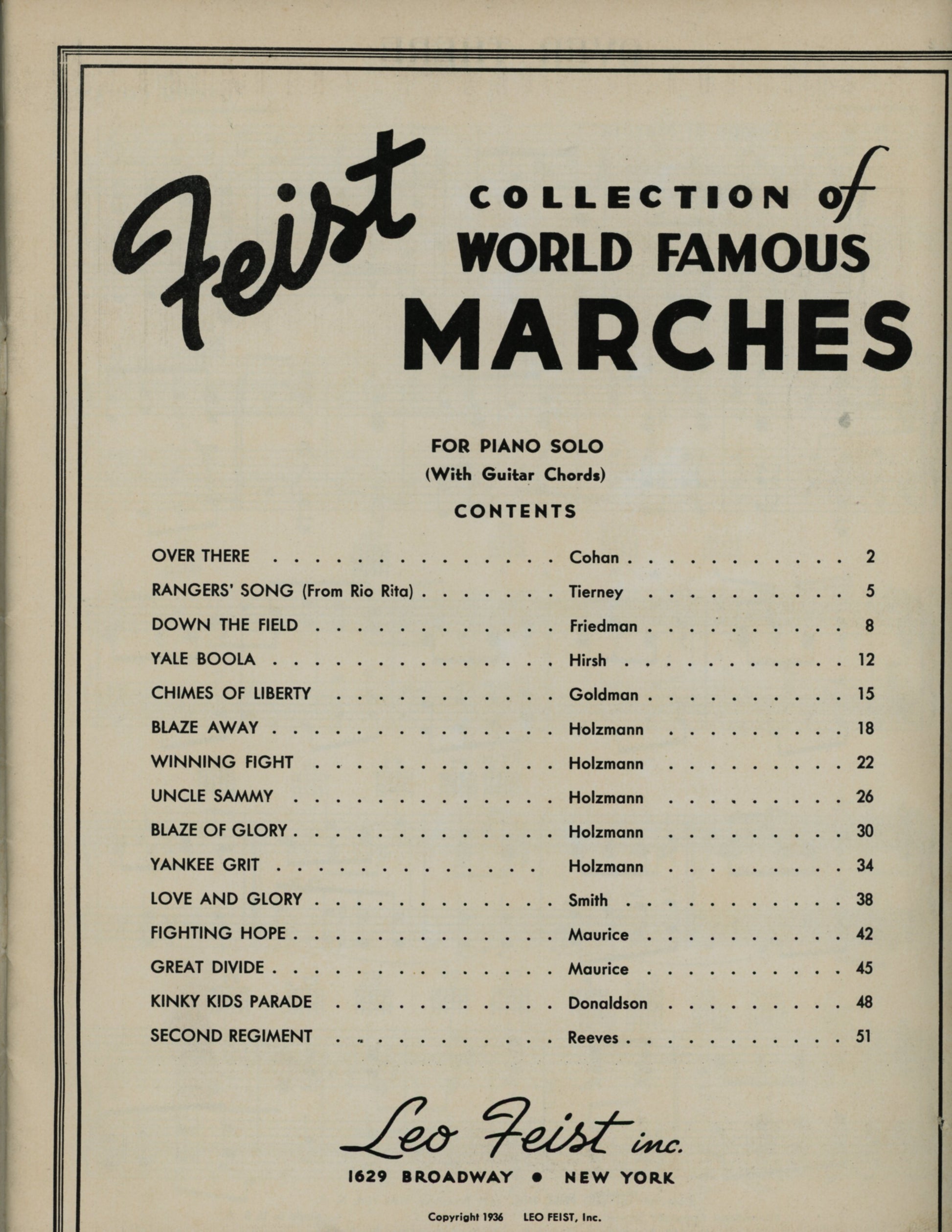 FEIST COLLECTION OF WORLD FAMOUS MARCHES Piano Sheet Music ©1936