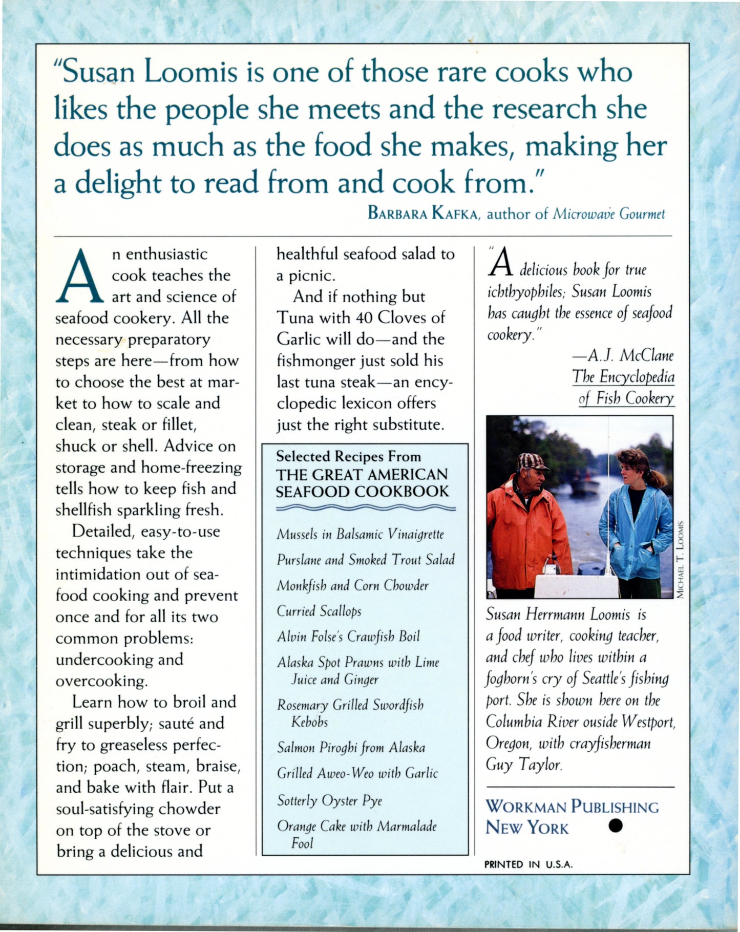 Great American Seafood Cookbook 1988 seafood cookbook with 250+ recipes, cooking techniques, and coastal traditions. Susan Hermann Loomis (Back cover photo)