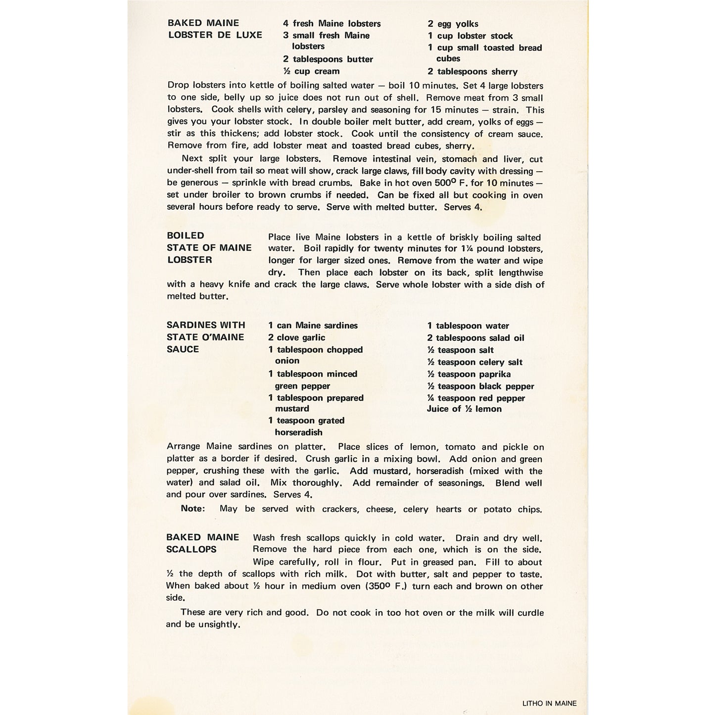 Platos de Mariscos de Maine (1976) Folleto de Recetas de Mariscos de Maine