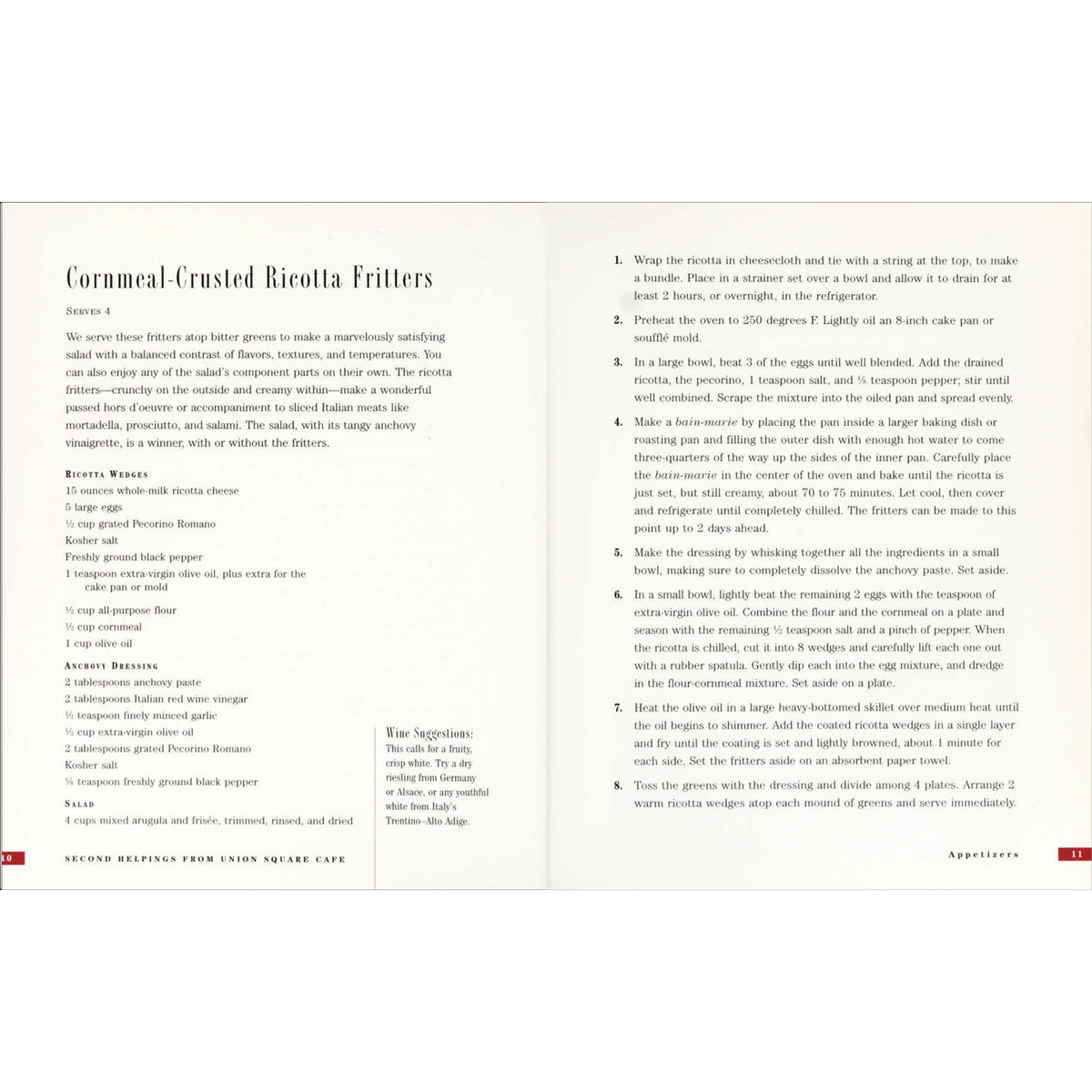 A printed recipe page titled 'Cornmeal-Crusted Ricotta Fritters' from the Second Helpings from Union Square Cafe cookbook.