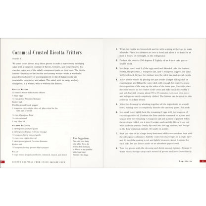 A printed recipe page titled 'Cornmeal-Crusted Ricotta Fritters' from the Second Helpings from Union Square Cafe cookbook.