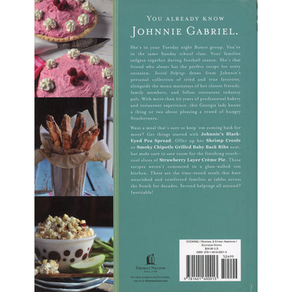 Back cover of a cookbook titled 'You Already Know Johnnie Gabriel' by Timber Knoll, featuring a teal background with white text and three vertical food photos on the left side showing pink cake, cinnamon rolls, and popcorn.