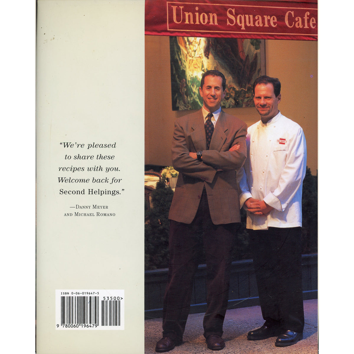 Back cover of a book titled 'Second Helpings from Union Square Cafe' showing a photo of Danny Meyer and Michael Romano.