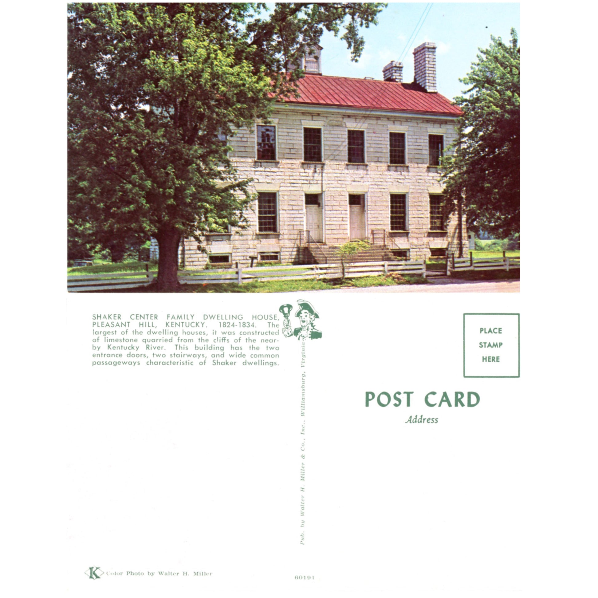 Shaker Village Pleasant Hill Front View Family Dwelling House Chrome Postcard Front and Back