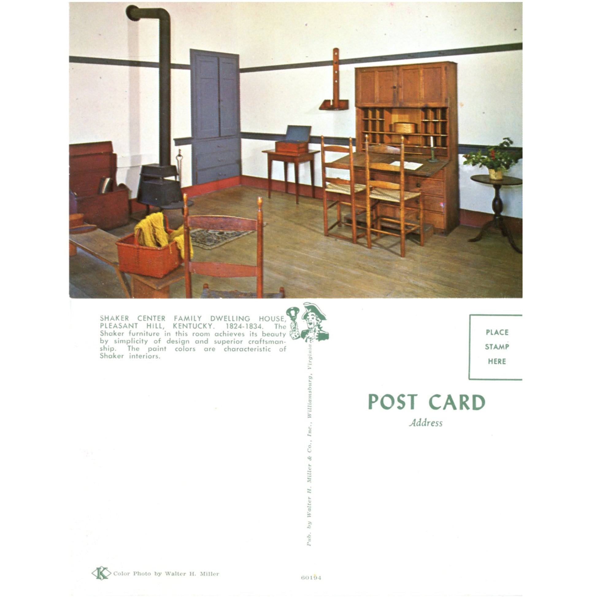 Shaker Village Pleasant Hill Interior Room Family Dwelling House Chrome Postcard Front and Back