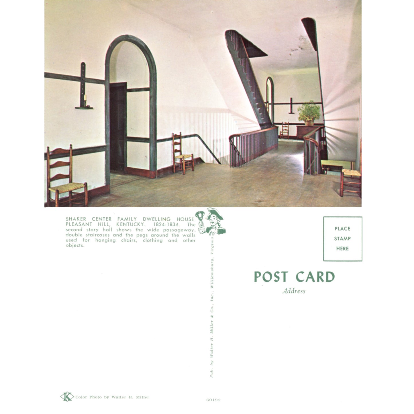 Shaker Village Pleasant Hill Second Story Hall Family Dwelling House Chrome Postcard Front and Back