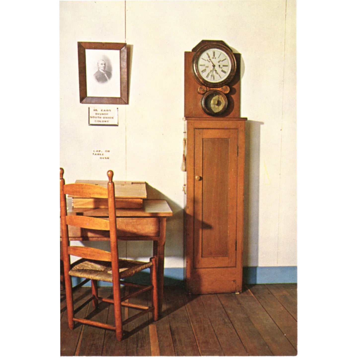 Shaker Museum Auburn Kentucky Office Clock and Chair Chrome Postcard Front
