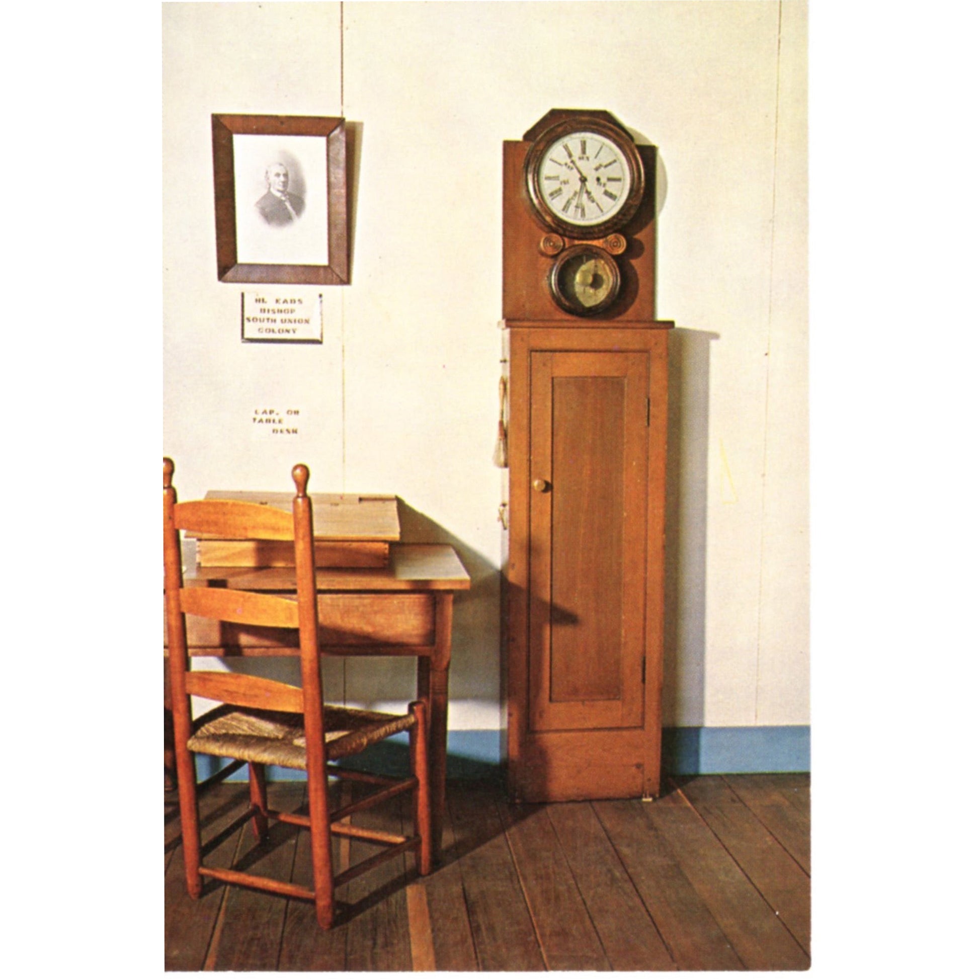 Shaker Museum Auburn Kentucky Office Clock and Chair Chrome Postcard Front