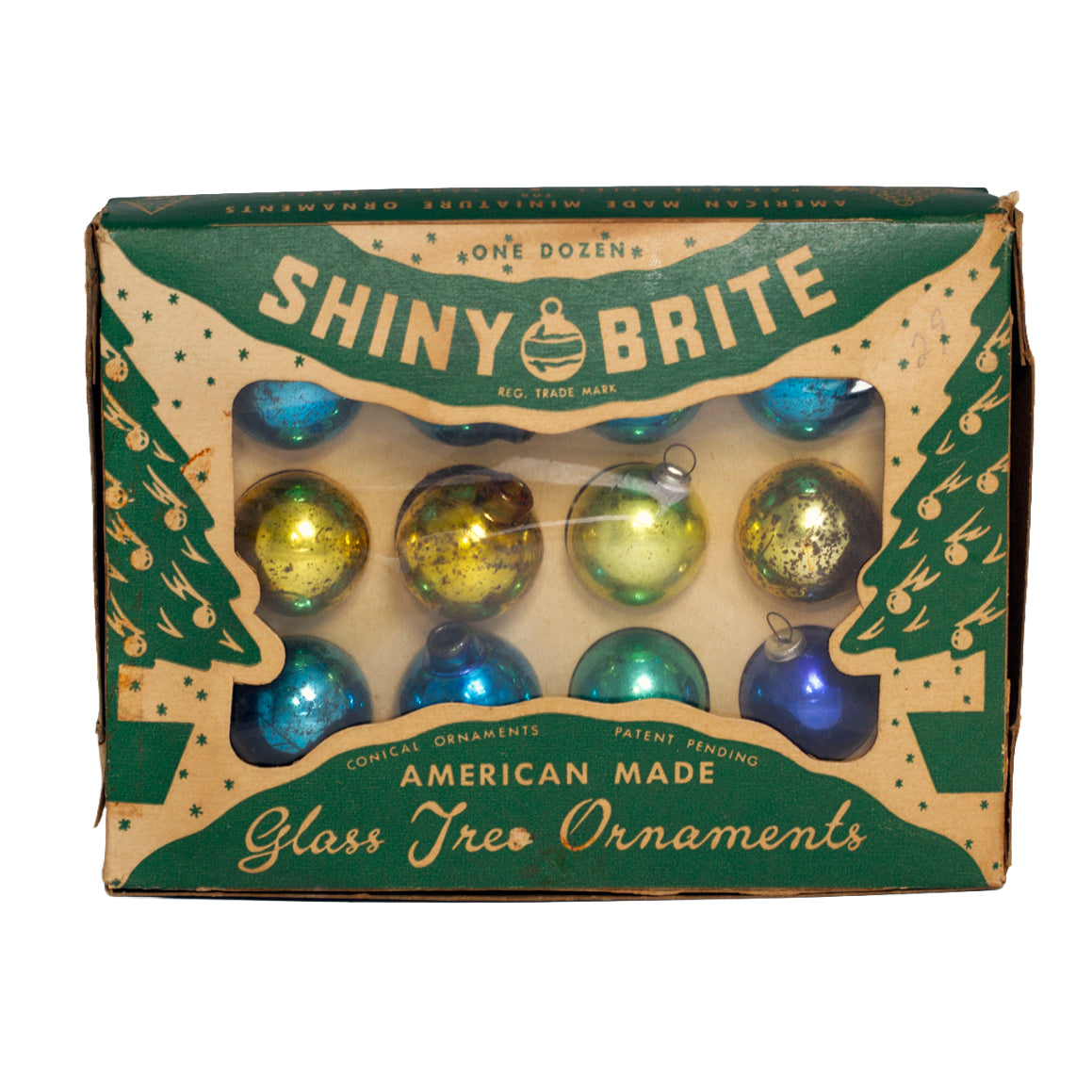 Vintage 1950s Shiny Brite miniature glass ornaments. Box of 12 American-made 1-inch blue and gold Christmas ornaments.