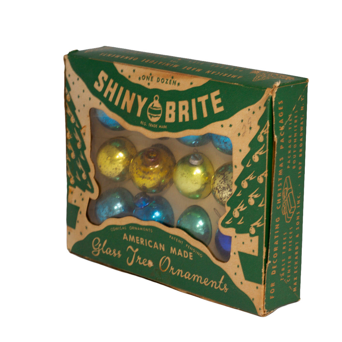 Vintage 1950s Shiny Brite miniature glass ornaments. Box of 12 American-made 1-inch blue and gold Christmas ornaments.